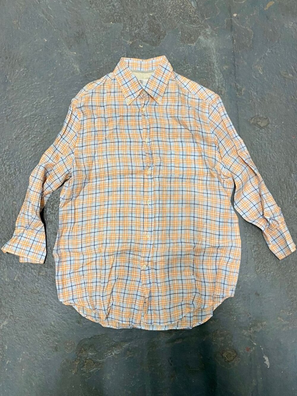 BRUNELLO CUCINELLI ORANGE LIGHT BLUE PLAID LINEN SHIRT